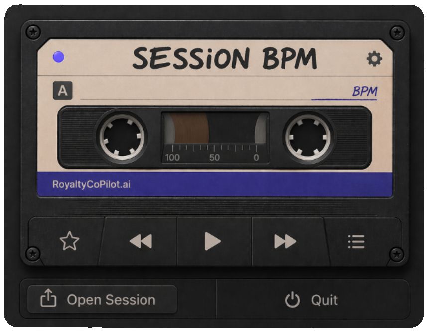Session BPM macOS app, a retro cassette tape UI with reels, transport controls, Open Session and Quit buttons